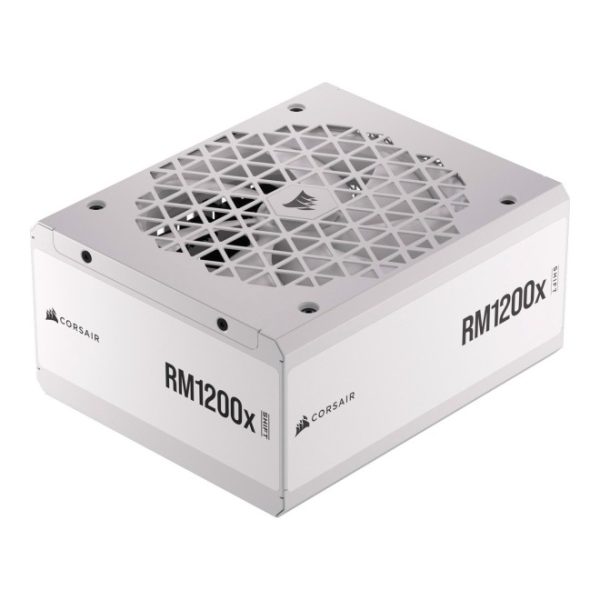 Corsair RM1200x SHIFT 1200W white fully modular ATX power supply with 80 Plus Gold efficiency and PCIe Gen 5 support.