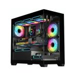 DarkFlash Aigo C218M black Micro-ATX gaming case with dual tempered glass panels and four RGB cooling fans.