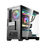 DarkFlash Aigo C218M Micro-ATX PC case in black with front and side tempered glass panels and RGB cooling fans.