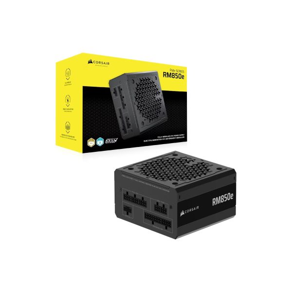 Corsair RM850e black 850W fully modular low-noise ATX power supply with 80 Plus Gold efficiency UK version.