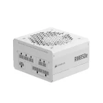 Corsair RM850e white gaming power supply with 850W output and silent cooling technology.