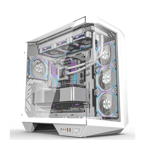 DarkFlash DY470 white ATX mid-tower gaming case with four pre-installed ARGB cooling fans.