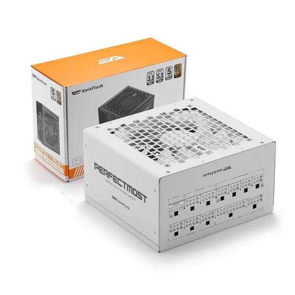 DarkFlash PMT850 850W white fully modular ATX 3.1 power supply with 80 Plus Gold efficiency and PCIe 5.1 support.