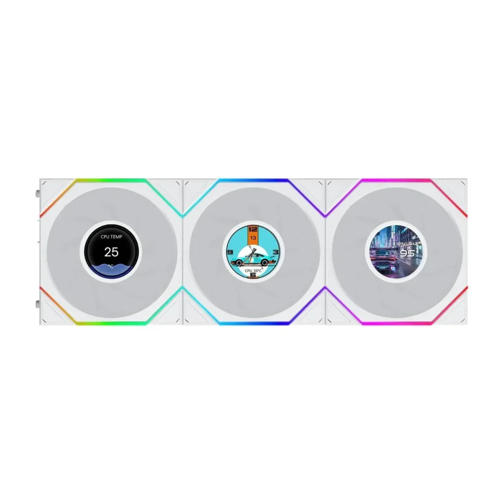 LIAN LI UNI FAN TL FLEX Reverse-Blade Wireless LCD 120mm ARGB Case Fans – 3-Pack with 1.8" LCD Display, White
