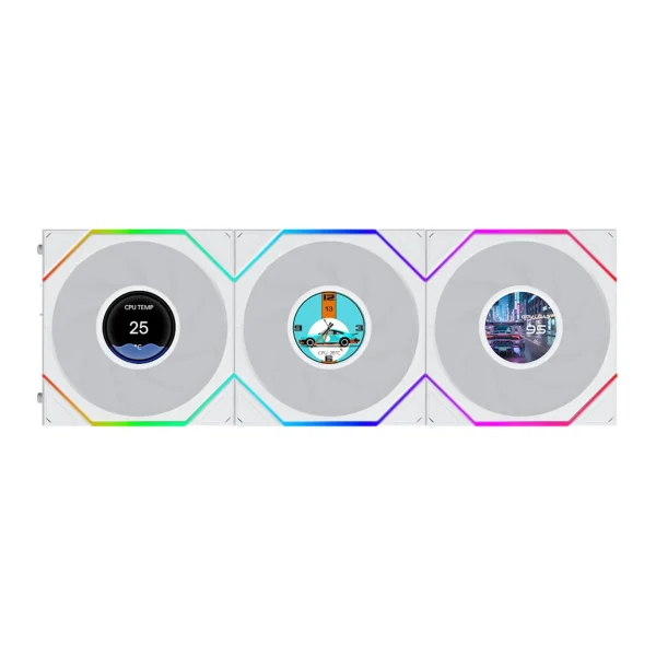 LIAN LI UNI FAN TL FLEX Wireless LCD 120mm ARGB Case Fans – 3-Pack with 1.8" LCD Display, White