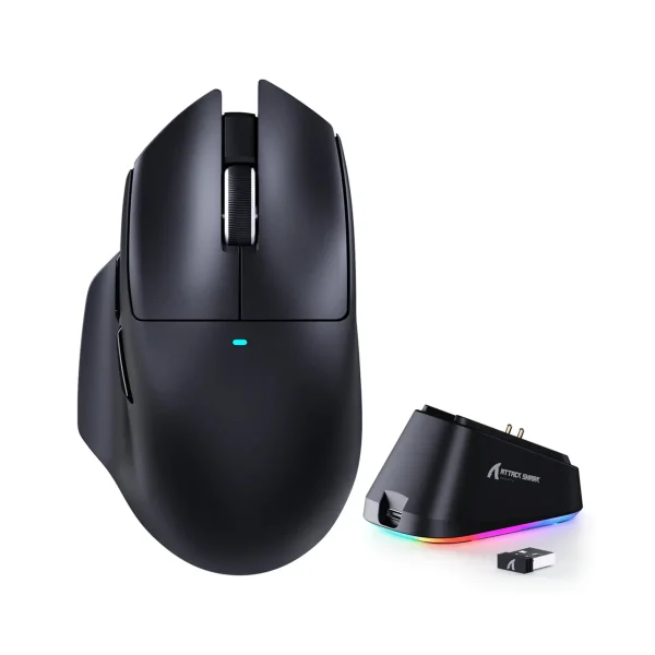 ATTACK SHARK V6 Tri-Mode Wireless Gaming Mouse – Black, 25,000 DPI, 1KHz Polling Rate, Magnetic Charging Dock